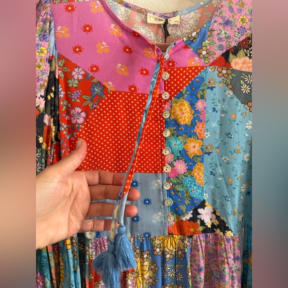 NWT SPELL Cha Cha Boho Patchwork Print Peasant Midi Dress in Multi Sz Small - Picture 8 of 16